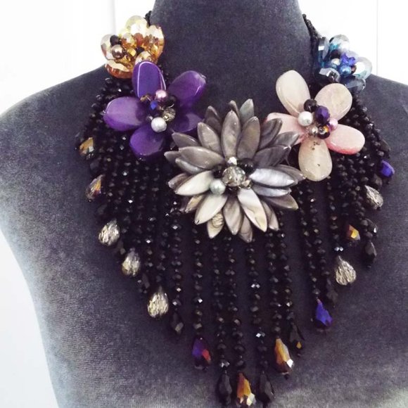 VINCERO PURPLE PINK STONE FLOWERS, SHELL AB CRYSTALS LONG FRINGE NECK PIECE